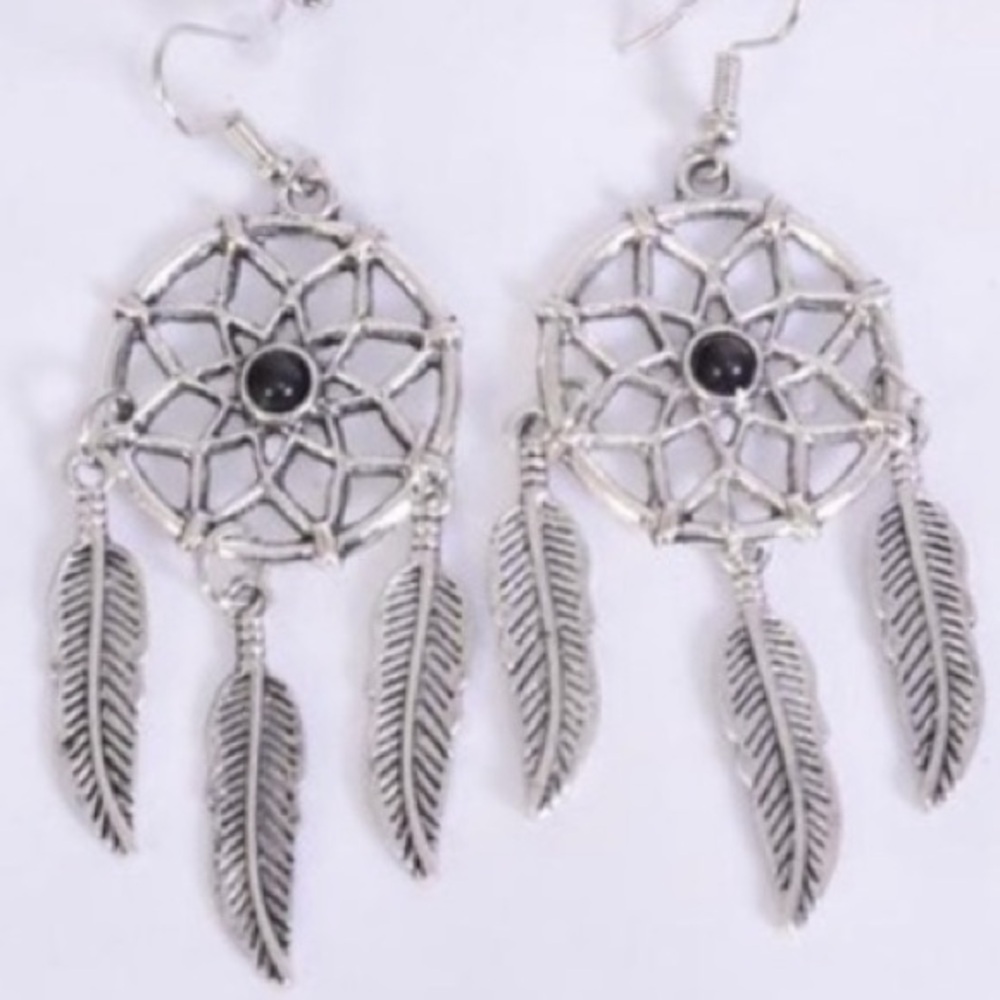 Silver Turquoise Black Stone Dream Catcher Earrings Feather Tassel Dangle NEW